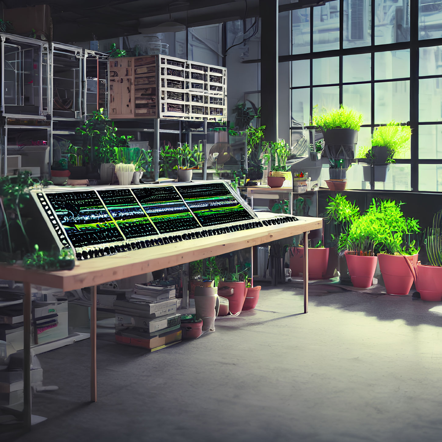 LED-lit indoor urban farm with green plants on table by window