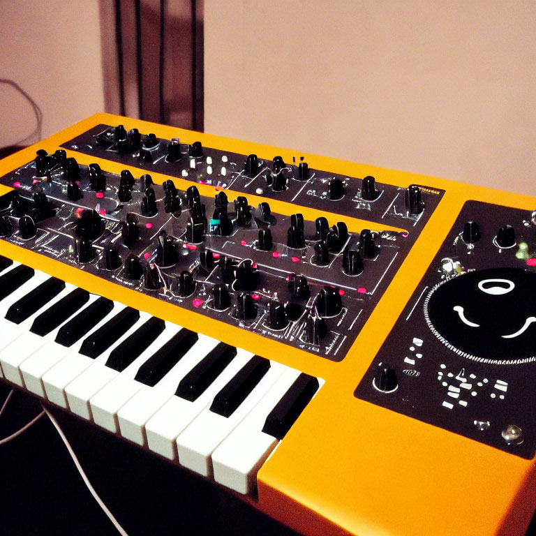 Vibrant synthesizer with knobs and sliders on table in pink-lit room