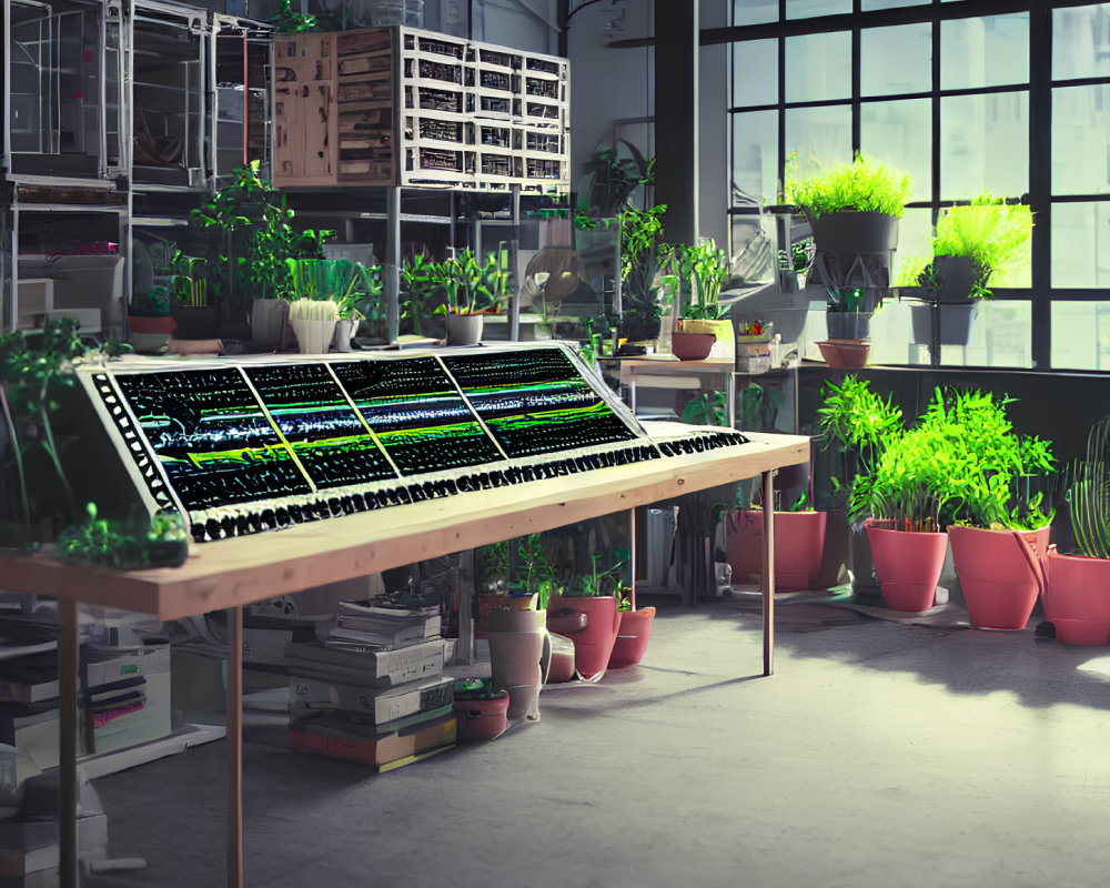 LED-lit indoor urban farm with green plants on table by window