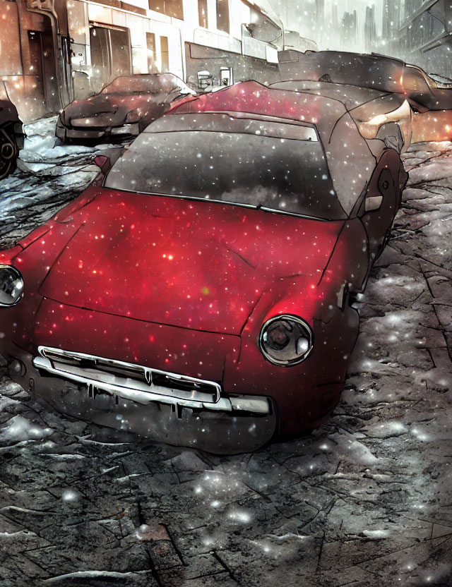 Red Car Covered in Snowflakes on Snowy Street