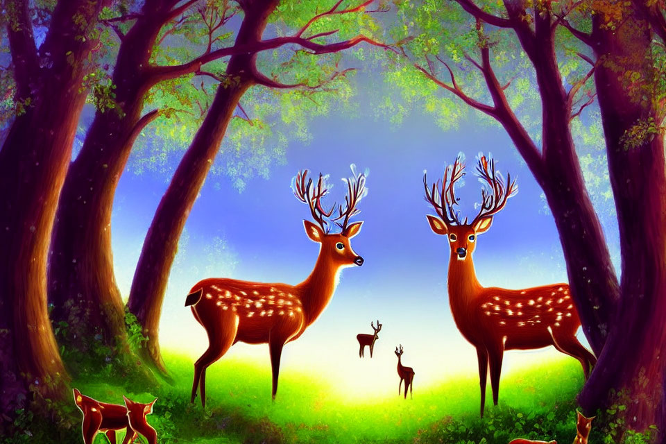 Group of deer in magical forest clearing at sunrise or sunset