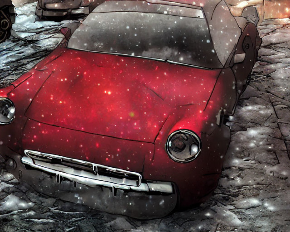 Red Car Covered in Snowflakes on Snowy Street