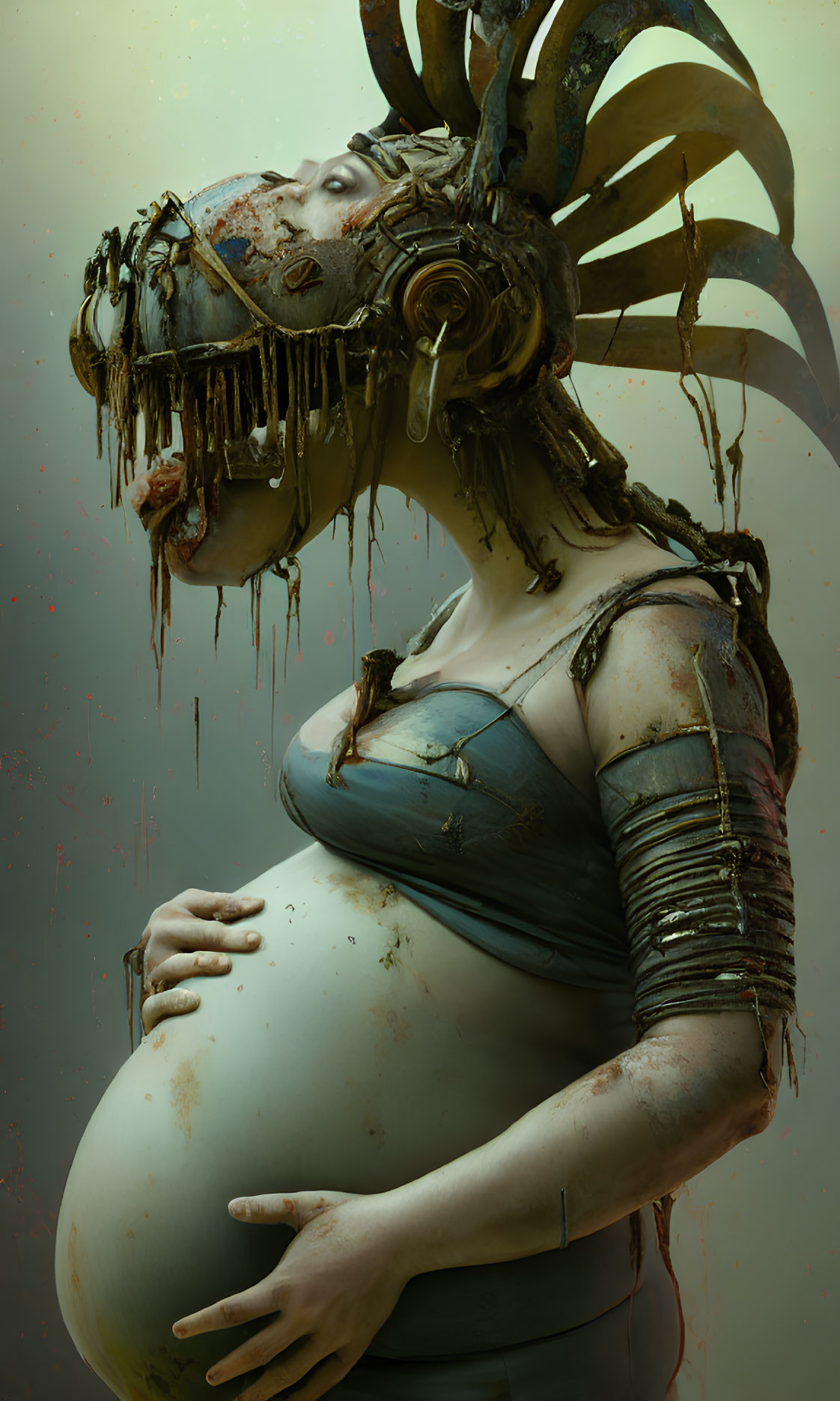 Surreal pregnant figure with mechanical headdress and intricate body details in contemplative pose