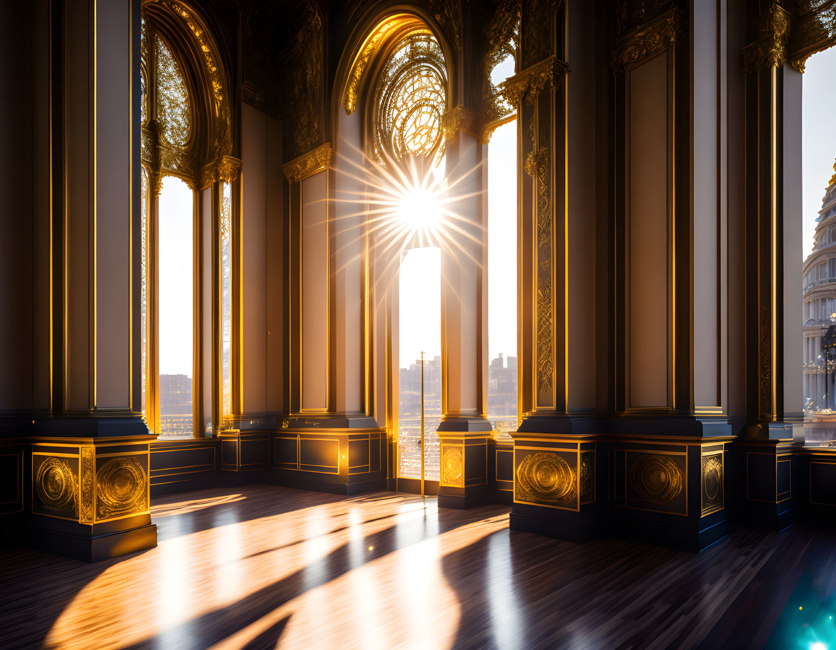 Sunlight through ornate window in elegant room with golden pillars