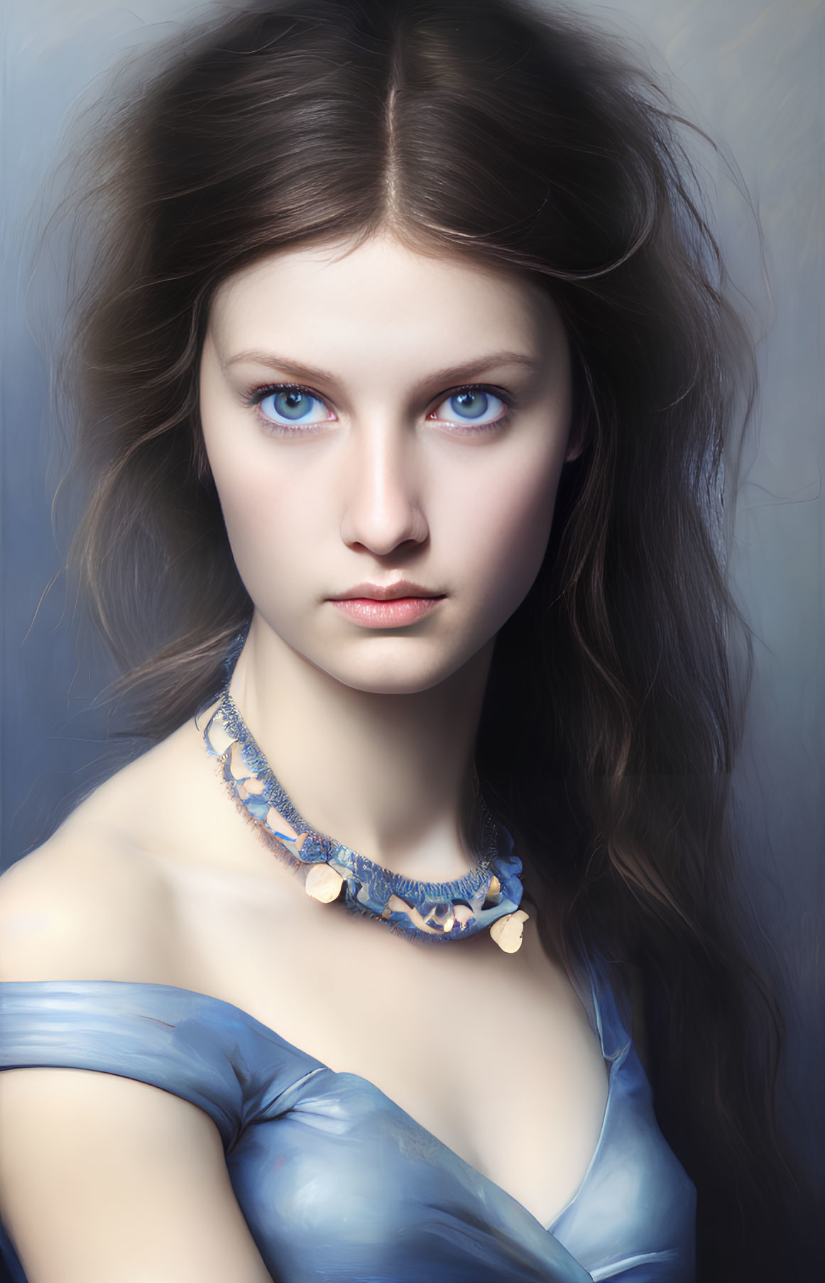 Portrait of young woman with blue eyes, wavy hair, blue dress, and shell necklace