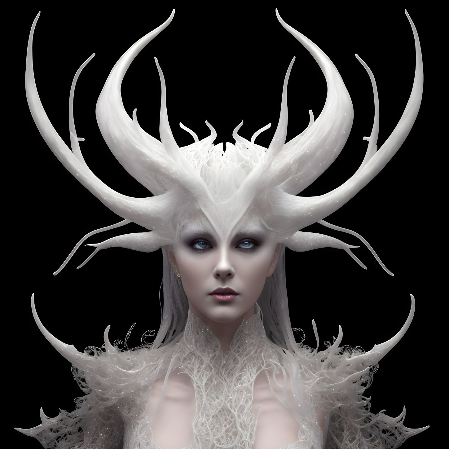 Pale figure with white antler headwear and blue eyes on black background