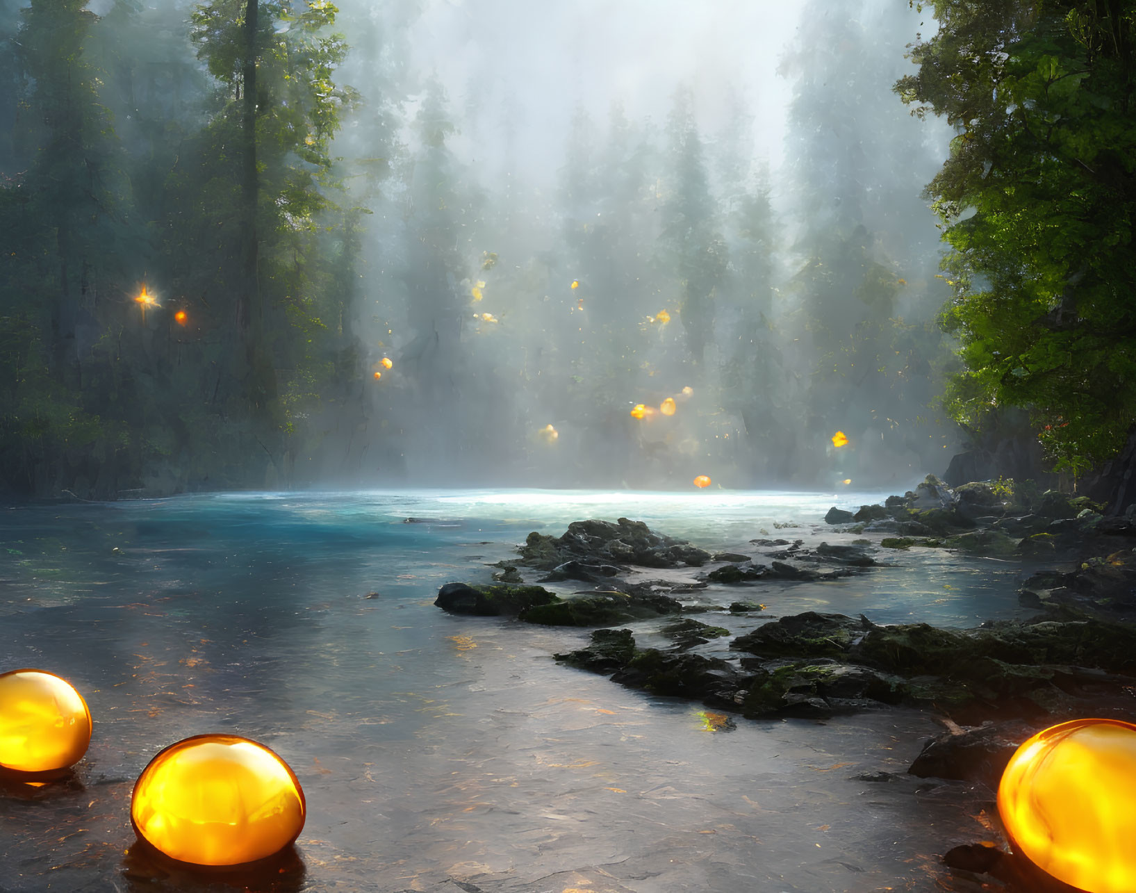 Mystical evening scene: glowing orbs, serene river, fog, lush greenery