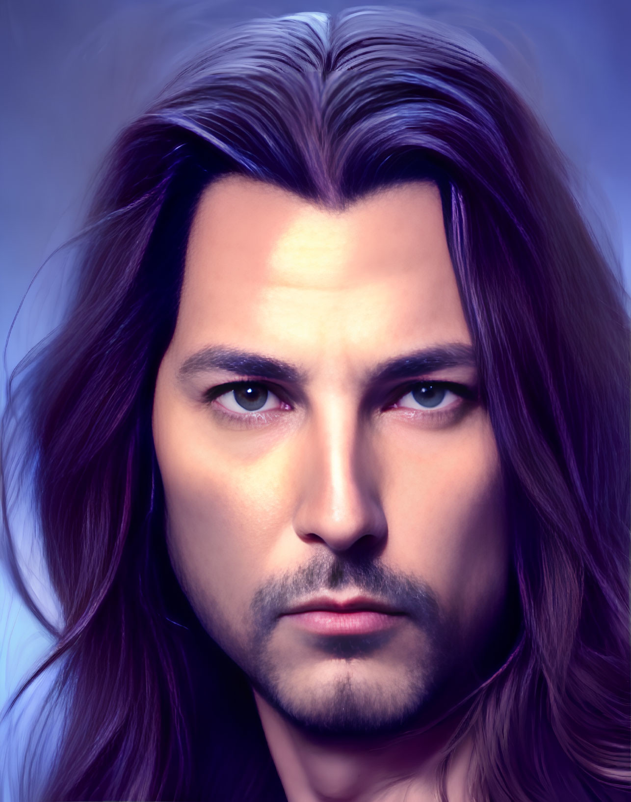 Man with Long Brown Hair in Digital Portrait on Blue Gradient Background