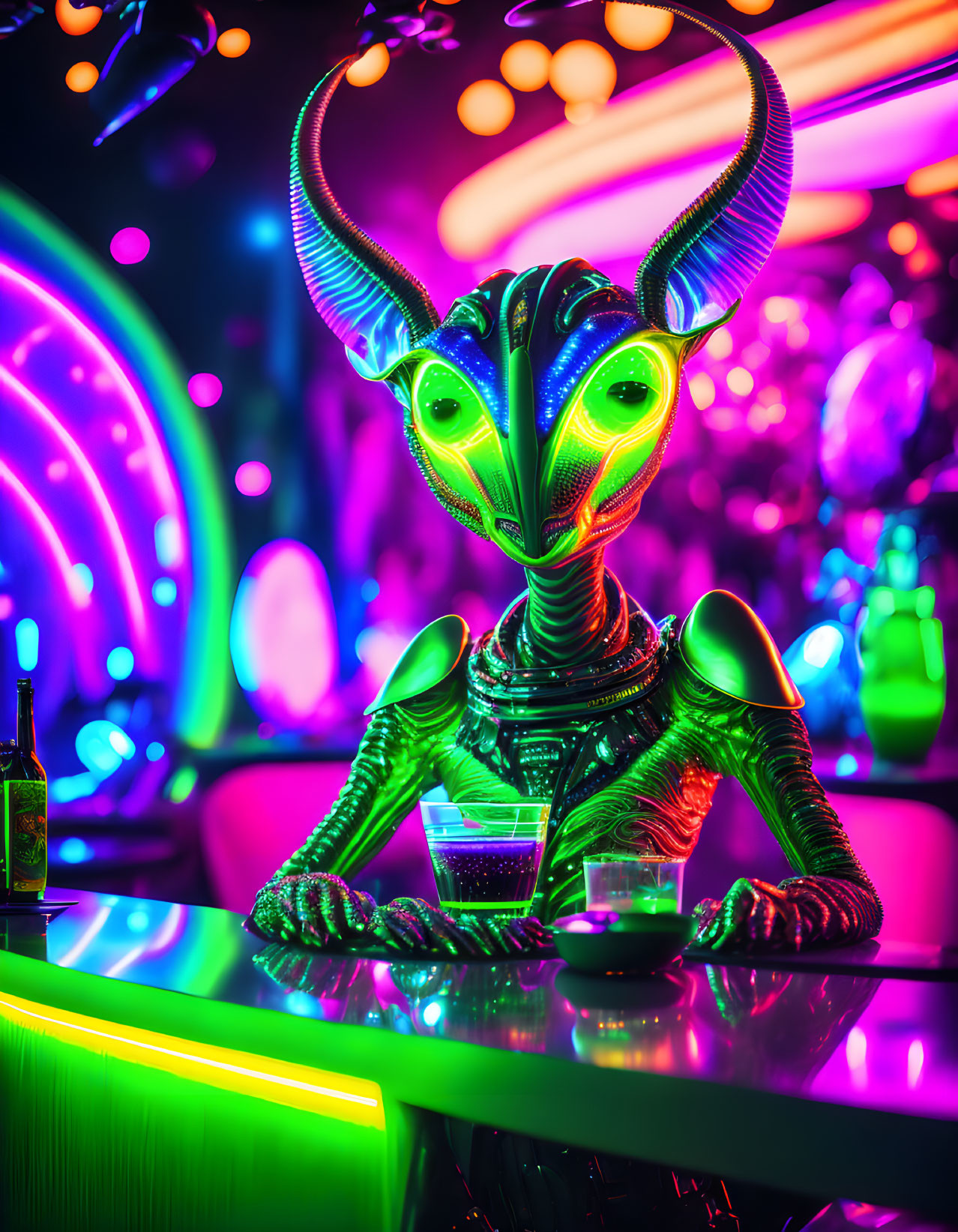 Colorful sci-fi scene: Alien with large eyes at neon-lit bar