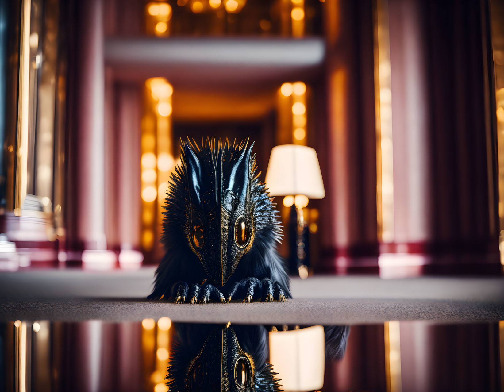 Detailed Black Dragon Figurine with Golden Eyes on Glass Surface