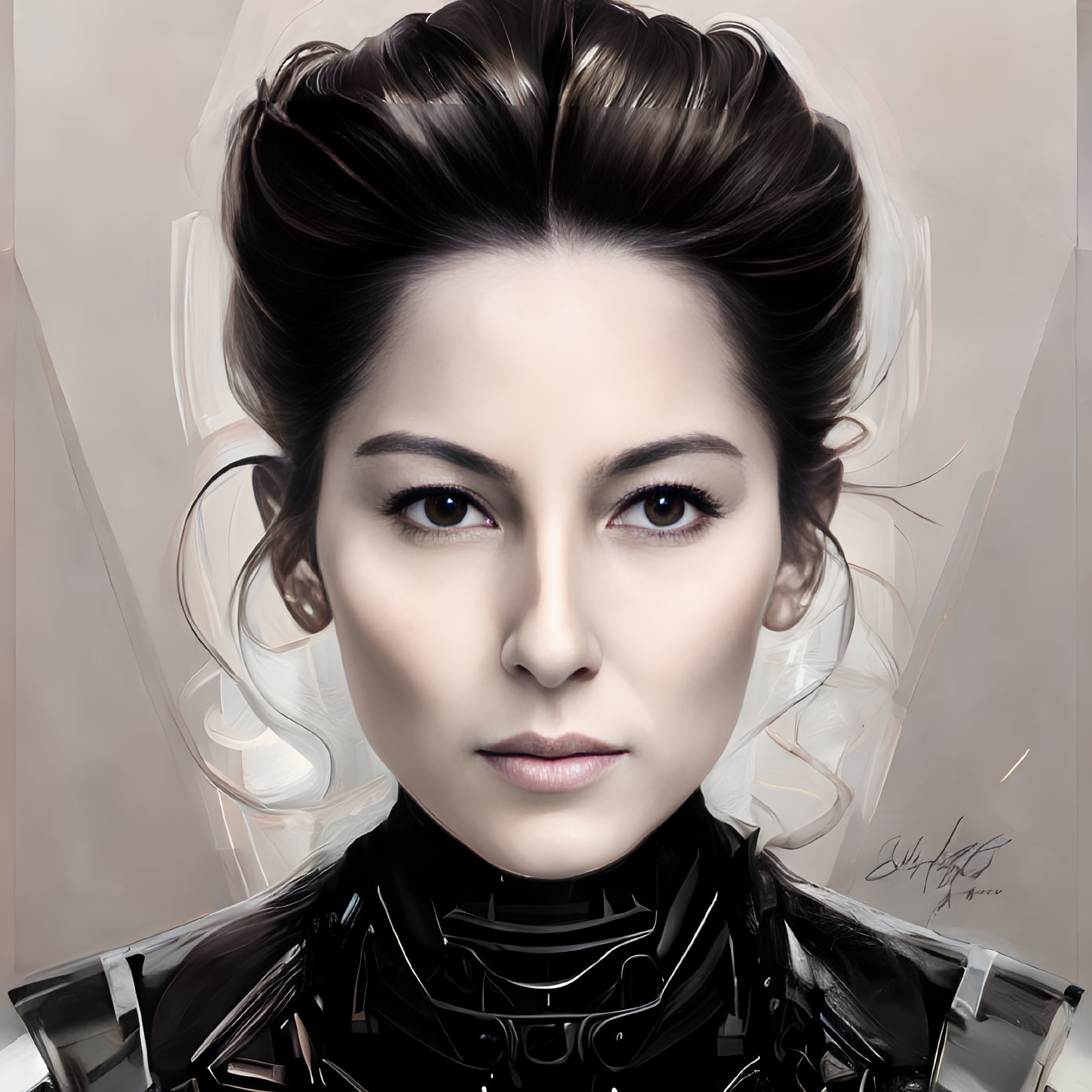 Digital portrait of woman in futuristic black armor with brown hair and intense eyes on light brown background