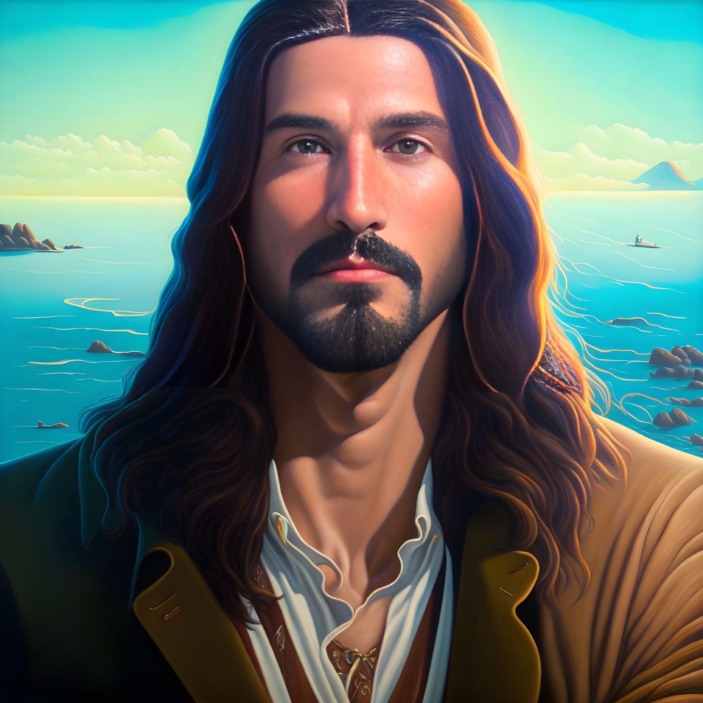 Serene man with long hair and beard against sea and mountains at sunset