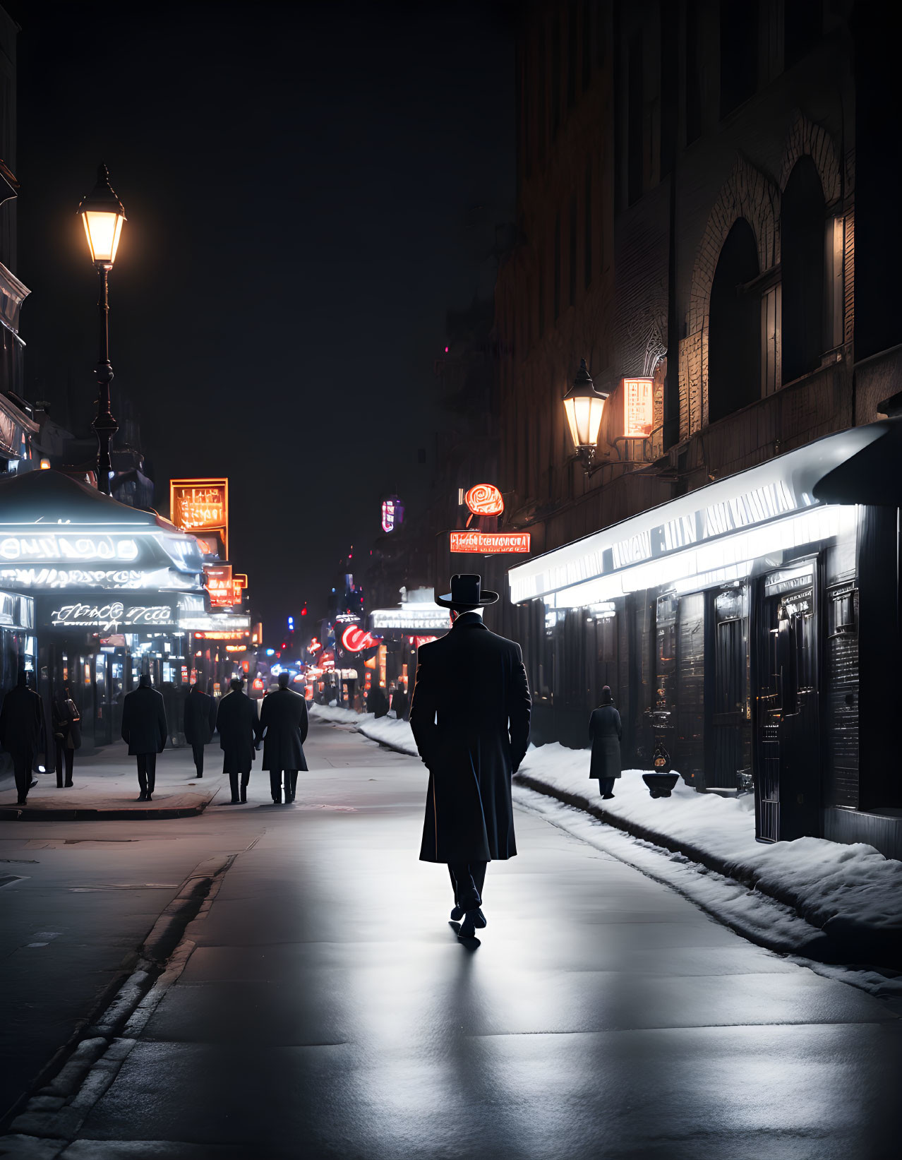 Person walking on snow-lined city street at night under street lamps and neon signs