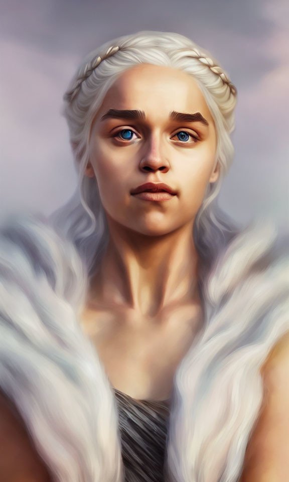 Digital painting of woman with pale skin, blue eyes, and platinum blonde hair in white fur shawl