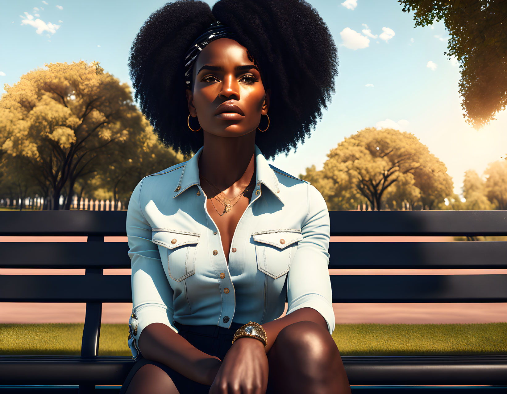 Digital art of woman with voluminous hair on park bench in light blue shirt, surrounded by trees