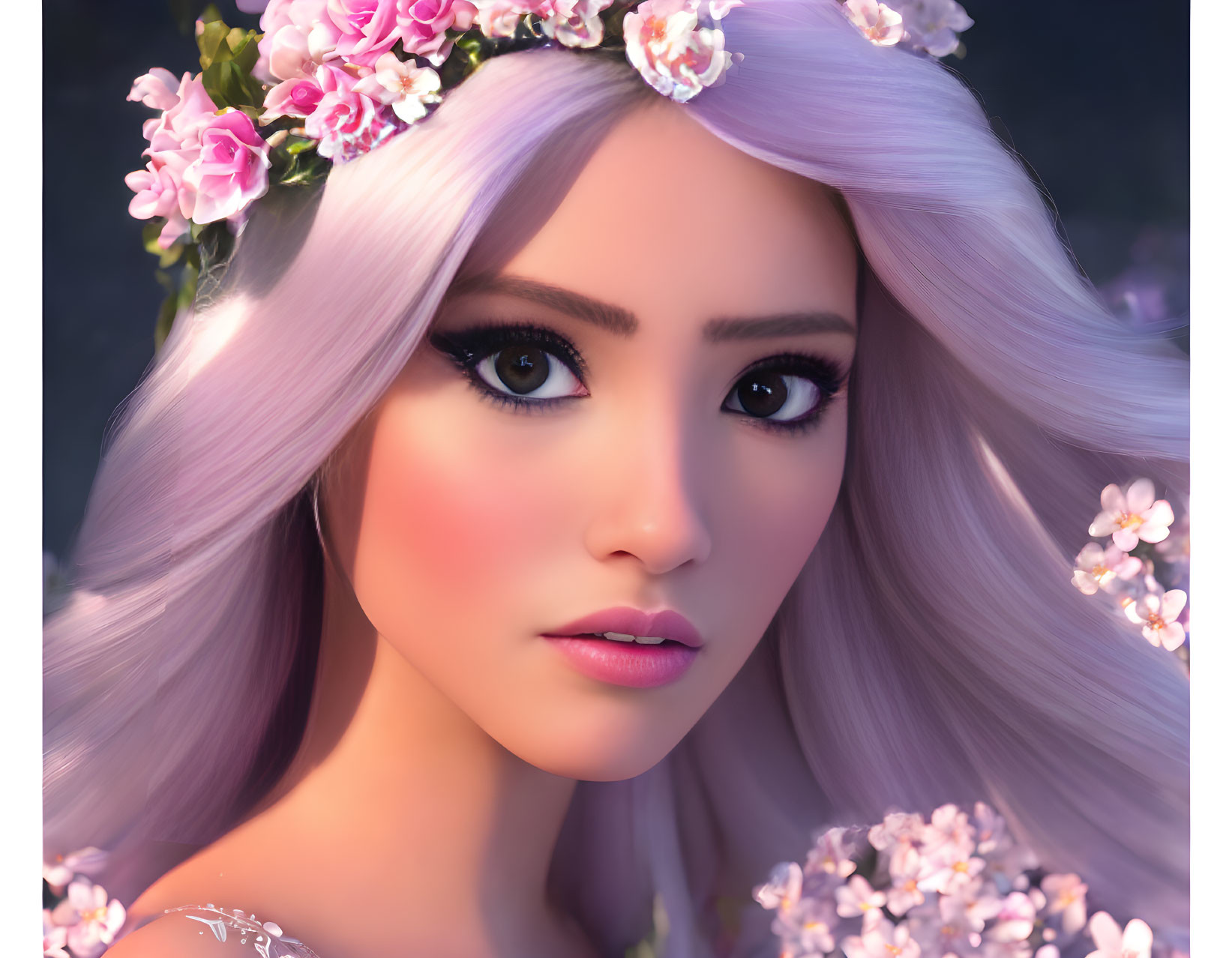 3D rendered image: Woman with purple hair, floral crown, pink makeup, detailed eyes, amidst