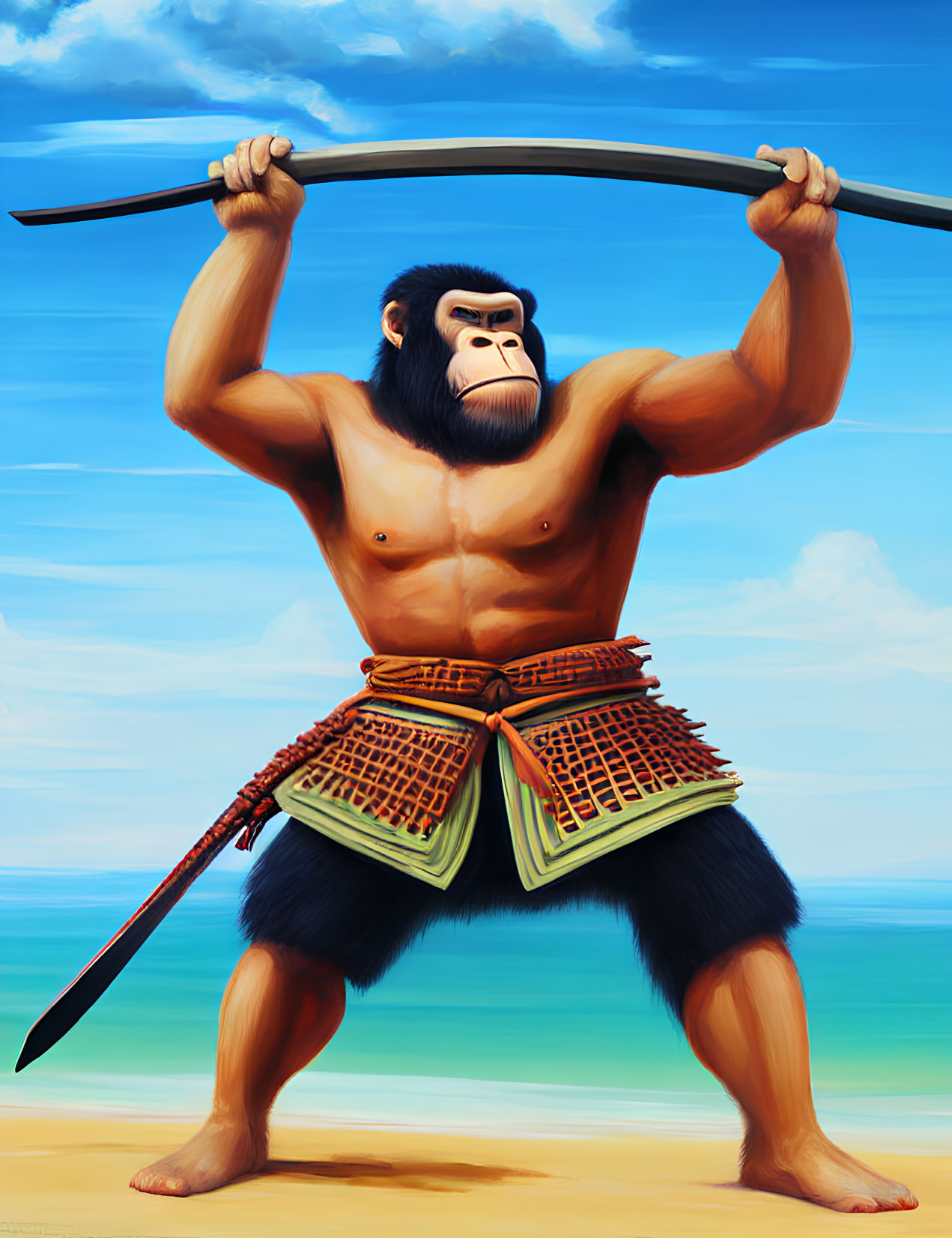 Anthropomorphic gorilla warrior with staff on beach in red and yellow kilt