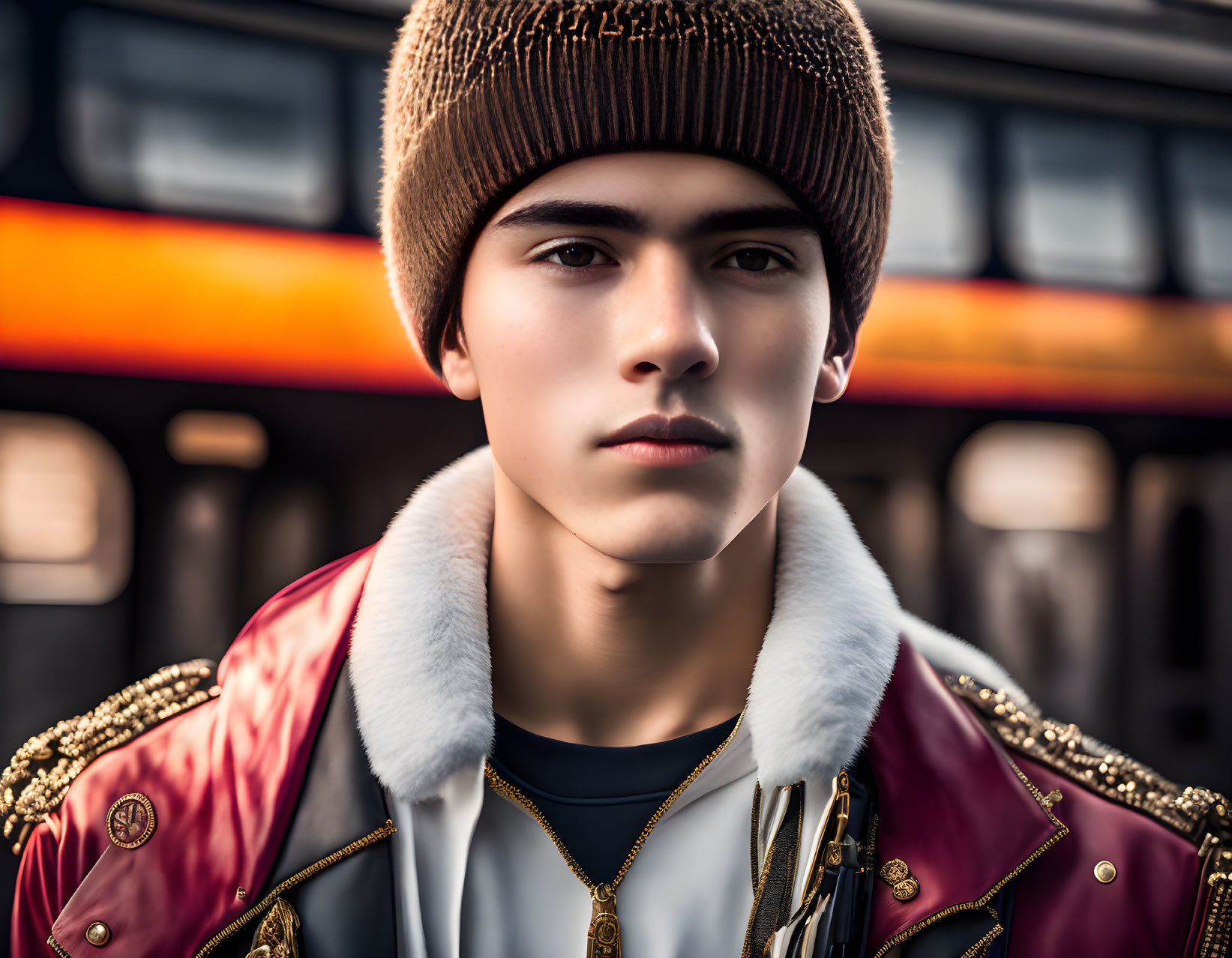 Serious young person in brown beanie and red jacket by train.