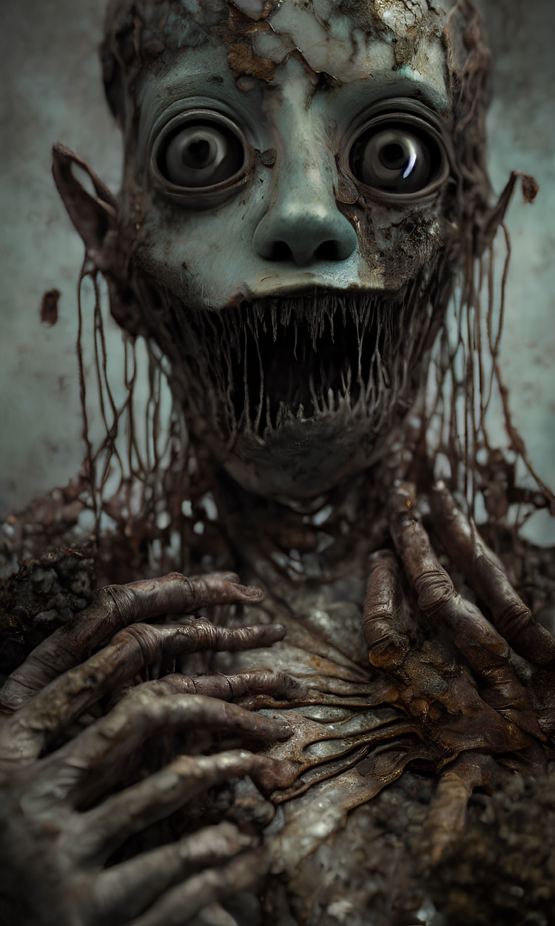 Eerie creature with bulging eyes, gaping mouth, and bony fingers in decaying flesh.