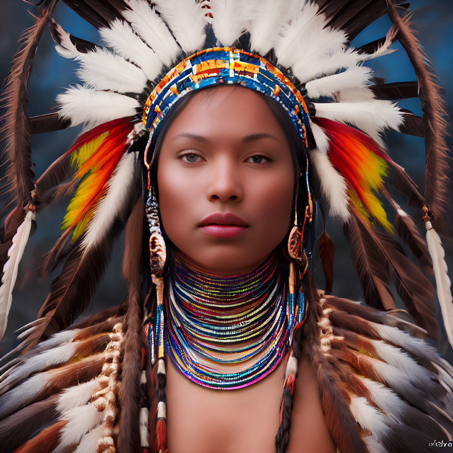 Stoic person in Native American headdress with feathers & beadwork