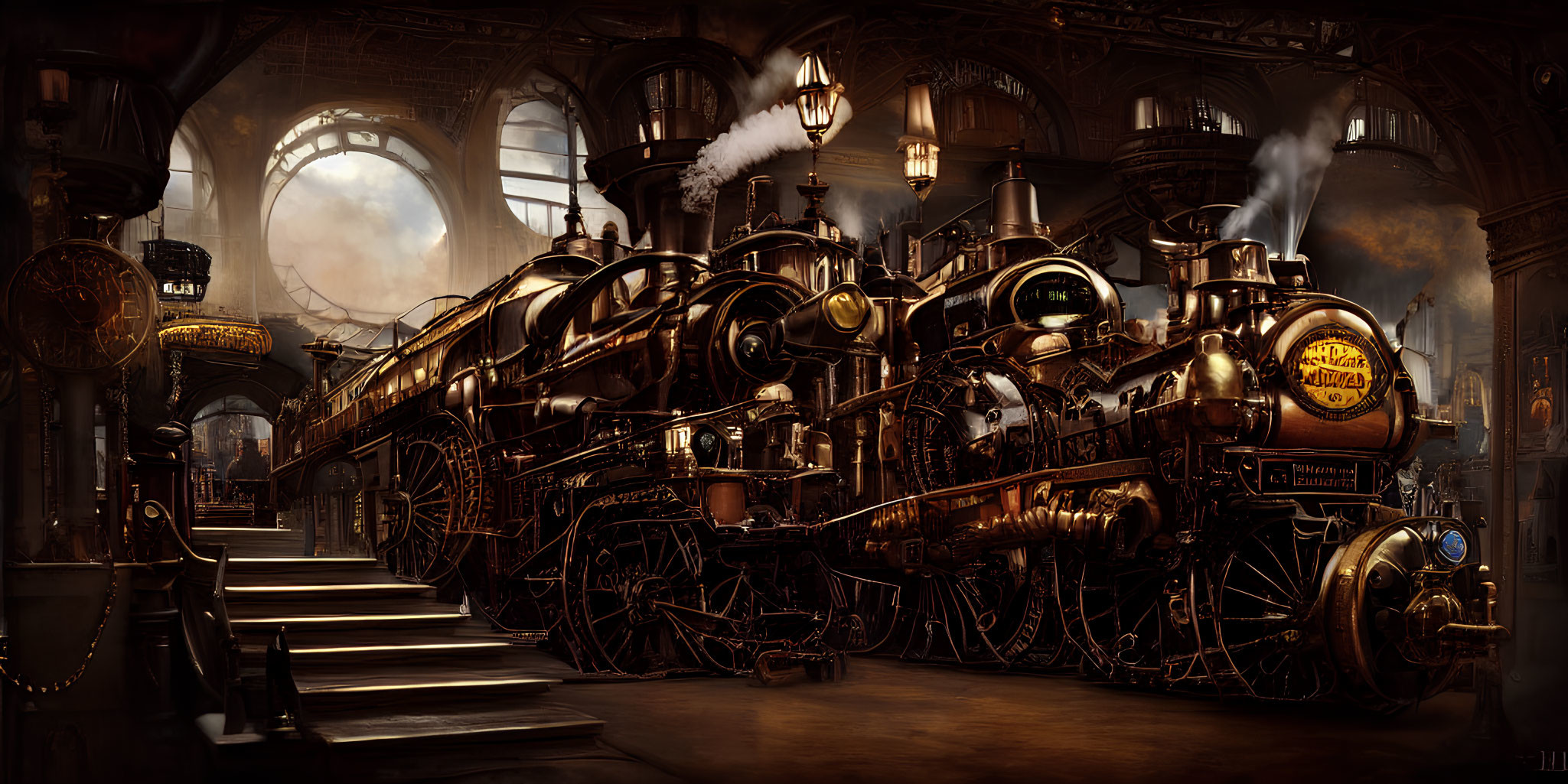 Vintage steampunk train station with ornate details and billowing steam under windowed roof