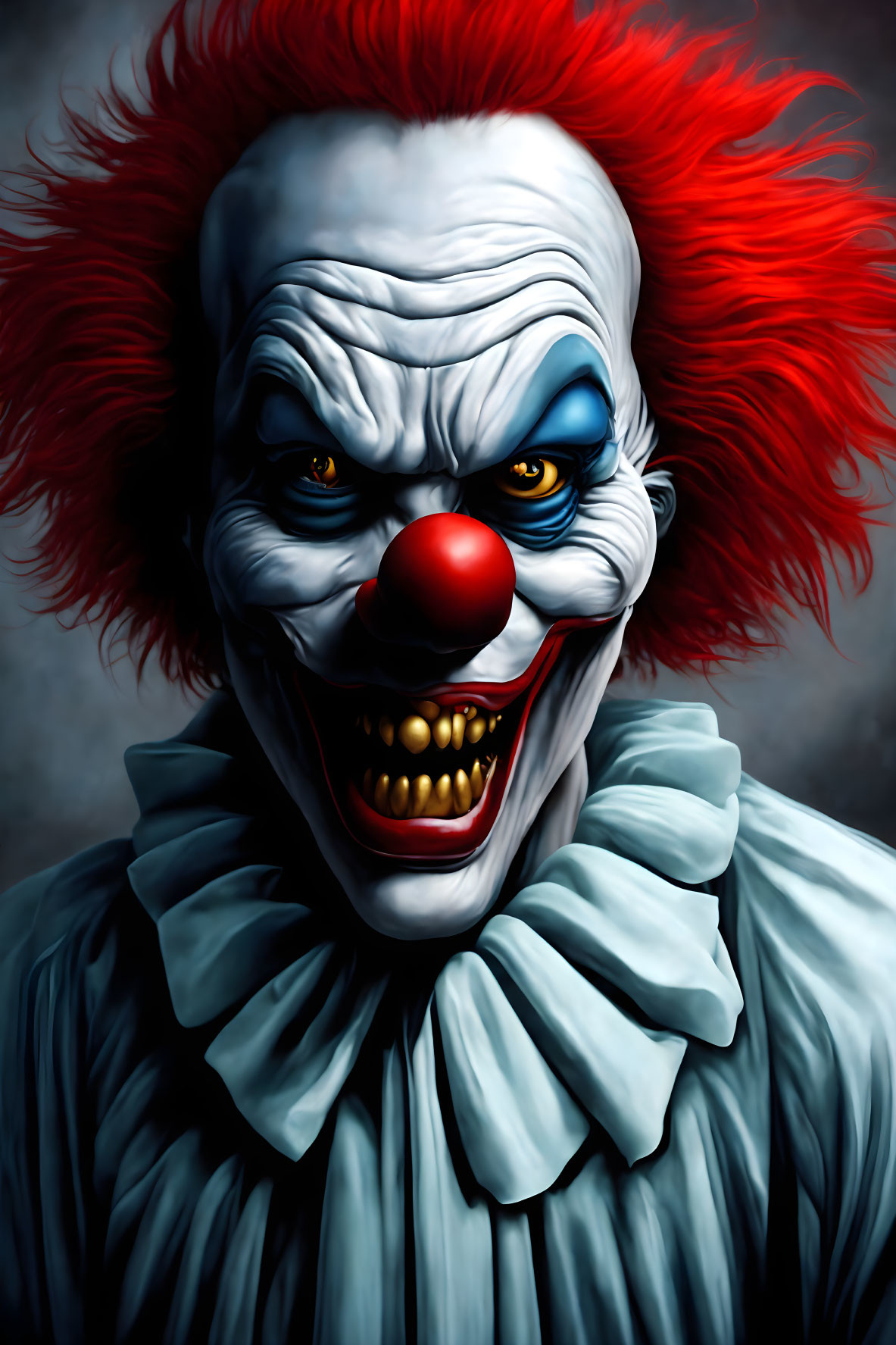 Sinister clown with red hair, white face, red nose, and blue eyes grimacing.