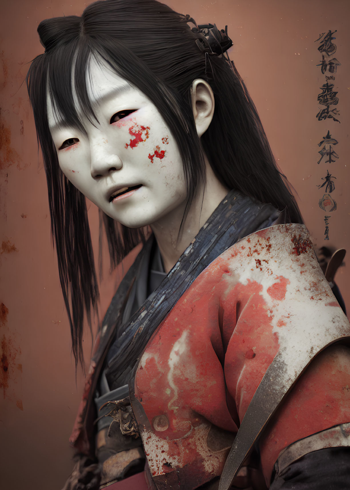 Female warrior digital portrait with East Asian features and battle-worn armor