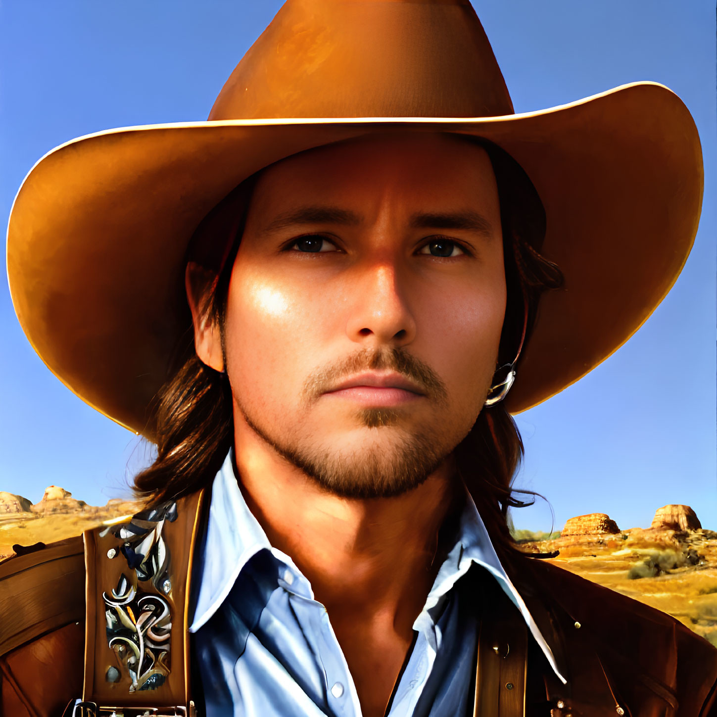 Digital portrait: man with mustache in cowboy hat, desert landscape.