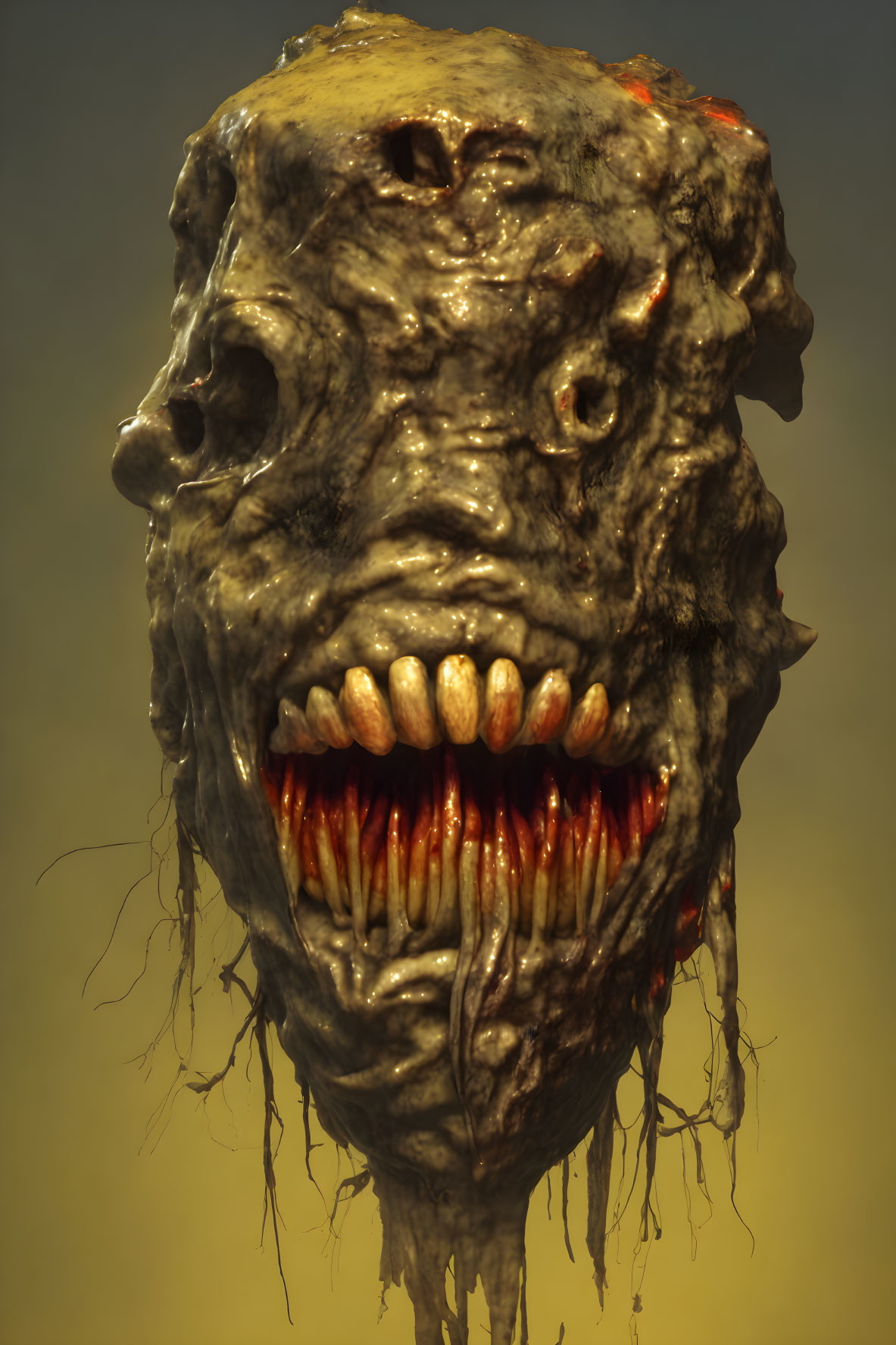 Grotesque creature head with sharp teeth and mottled skin