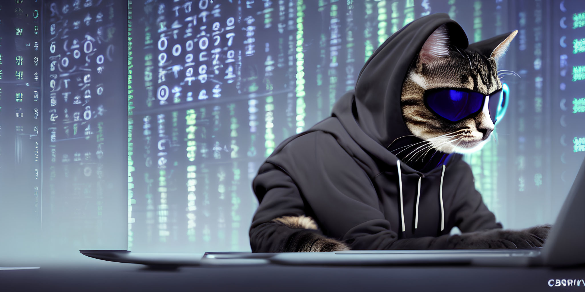 Cat in Sunglasses and Hoodie Hacking on Laptop with Data Streams