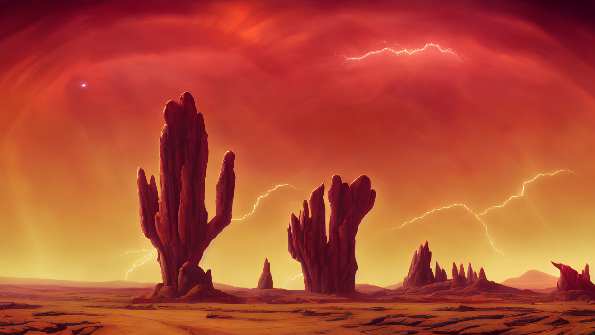 Sci-fi desert landscape with towering rocks under stormy red sky