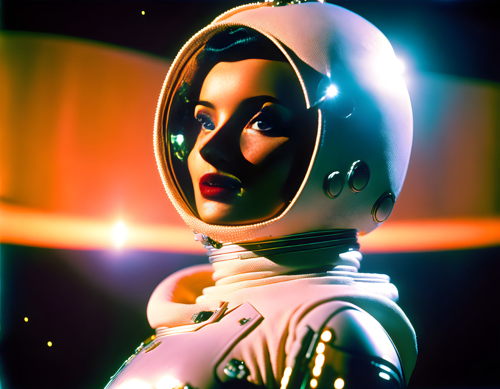 Retro-futuristic female astronaut in white space helmet with glowing lights.