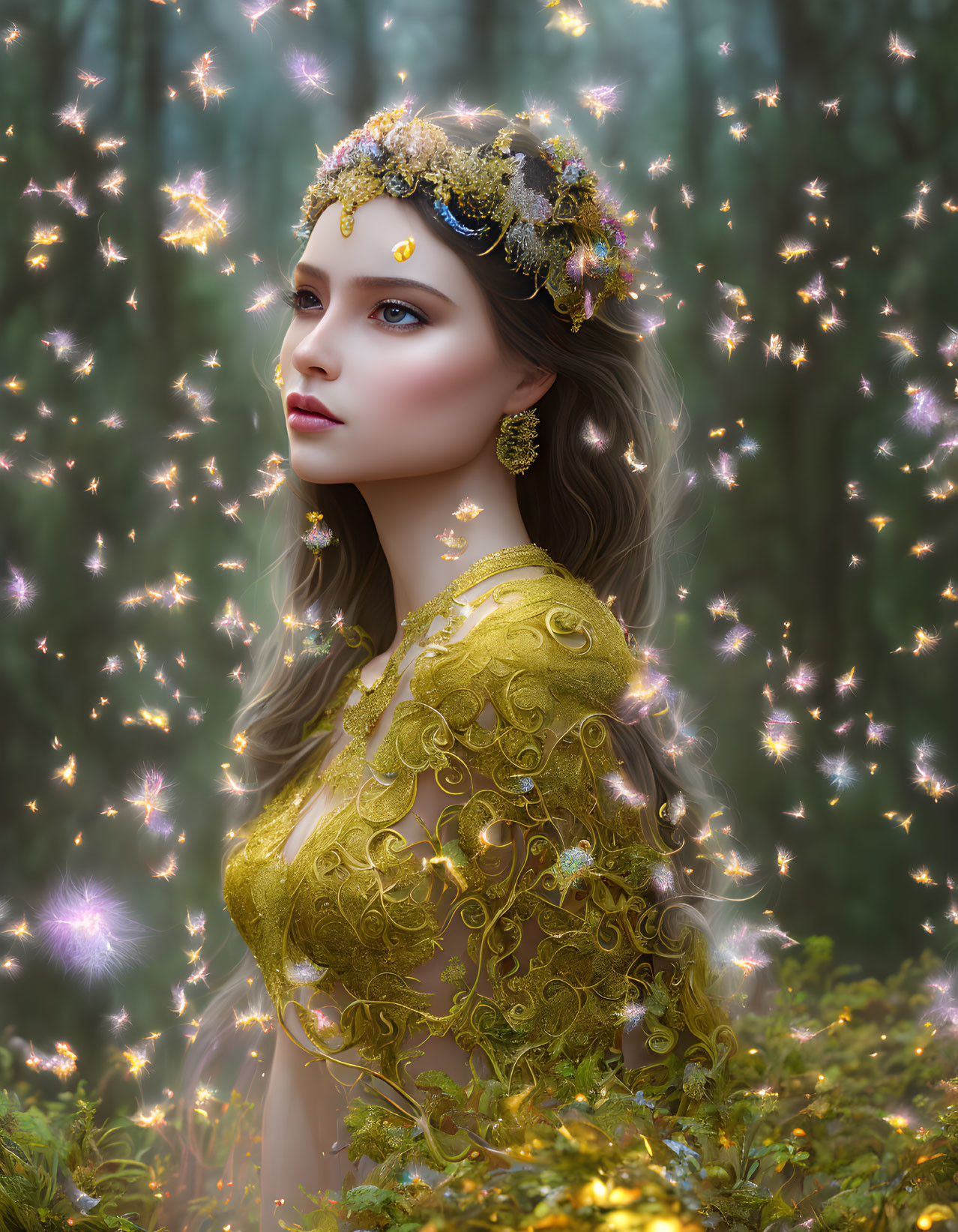 Portrait of woman in golden dress in mystical forest with sparkles