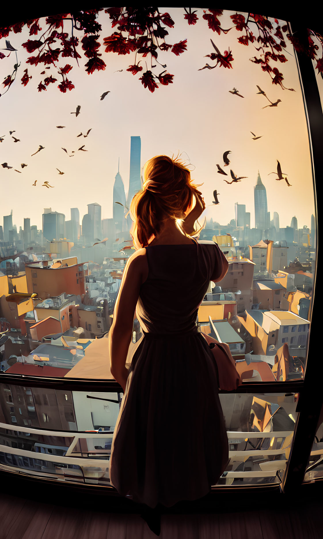 Woman on balcony gazes at cityscape at sunset with birds and leaves.