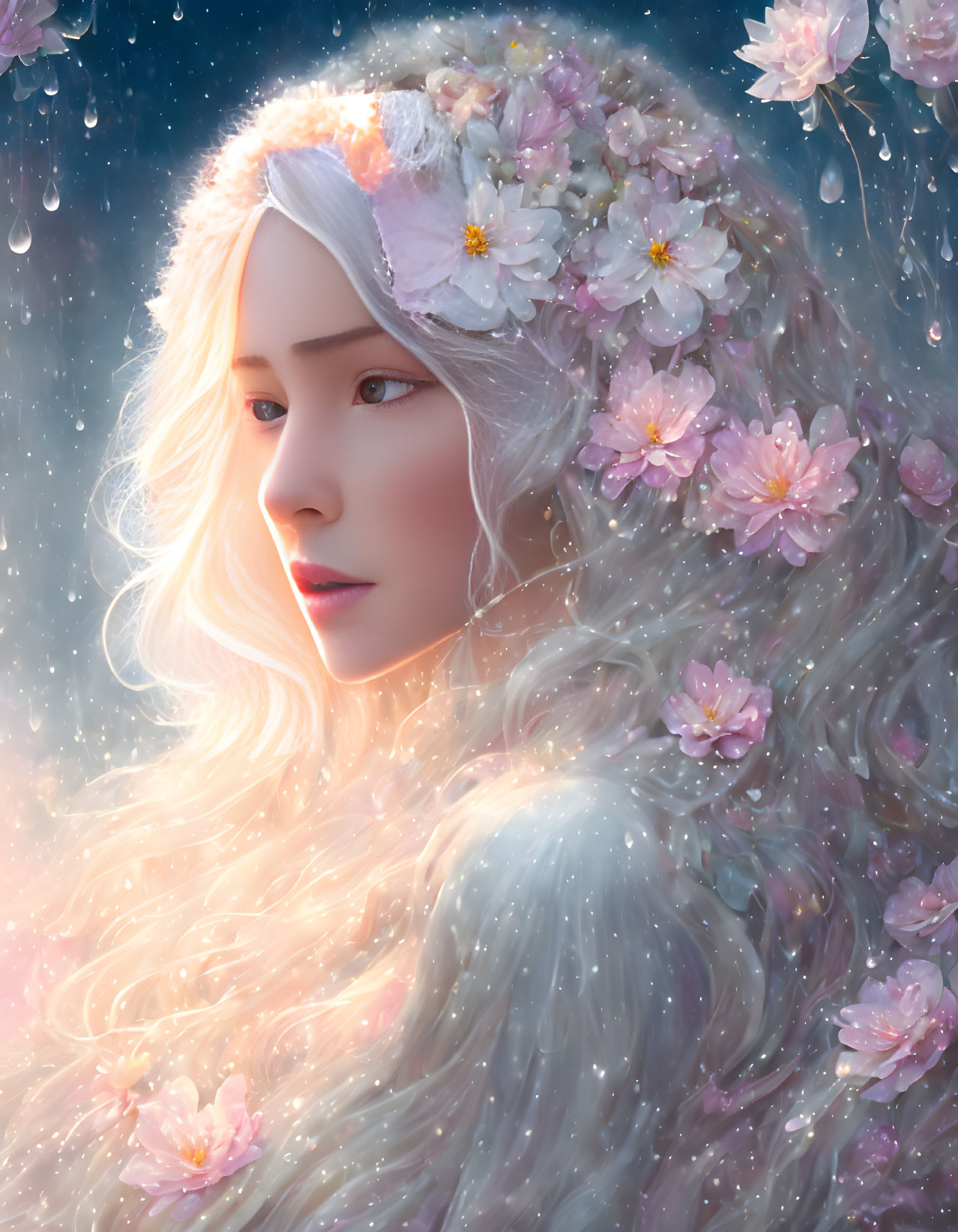 Fantasy portrait of a pale woman with white hair and pink blossoms.