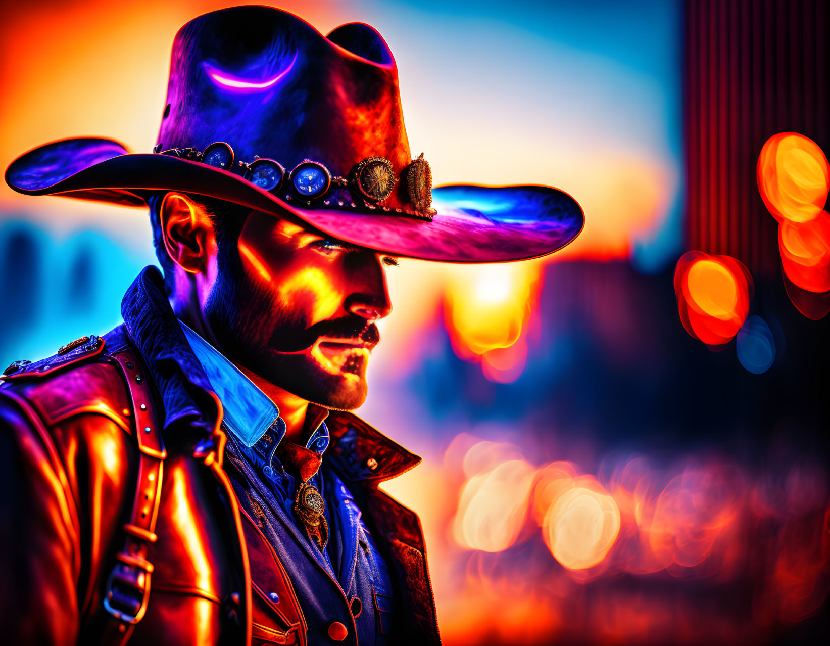 Colorful Cowboy Hat Portrait with Neon Lights