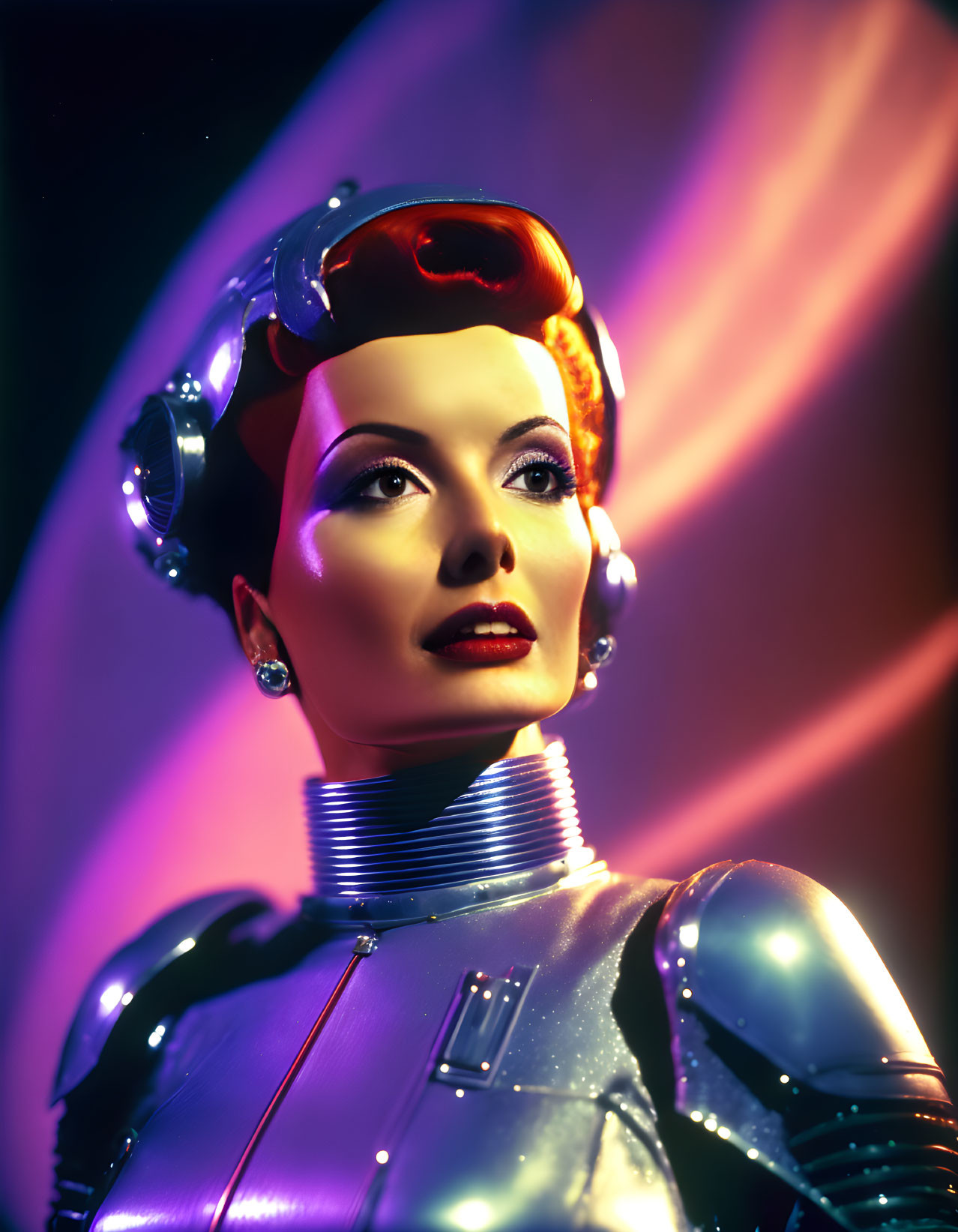 Futuristic female mannequin in vintage-style metallic armor with ornate headpiece