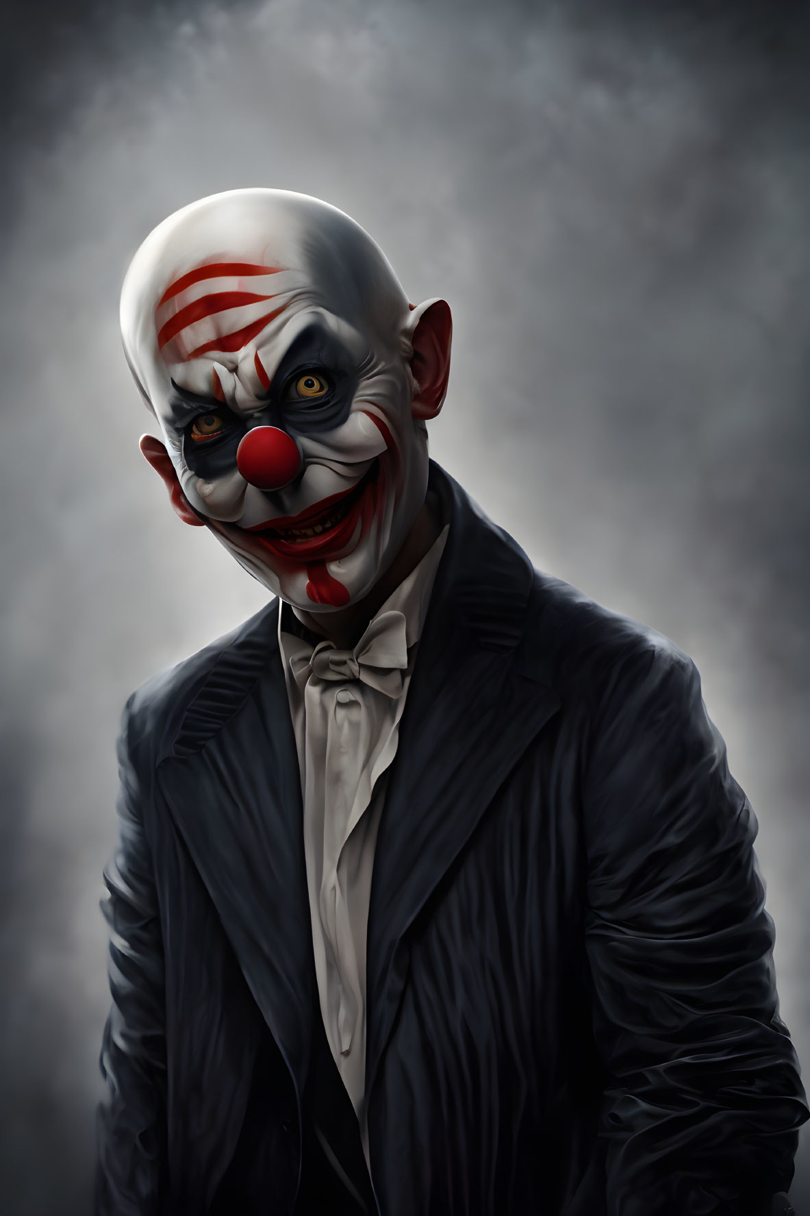 Menacing clown with white face and red nose in dark suit on smoky background