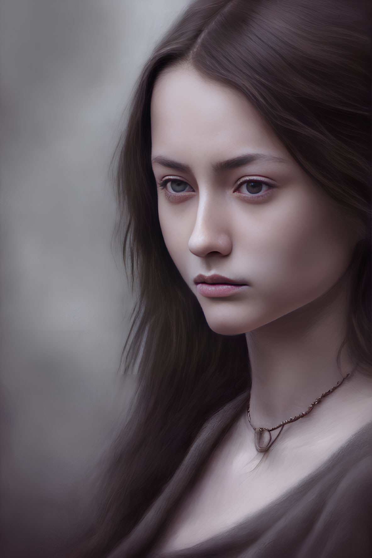 Young Woman Digital Portrait with Brown Hair and Intense Brown Eyes