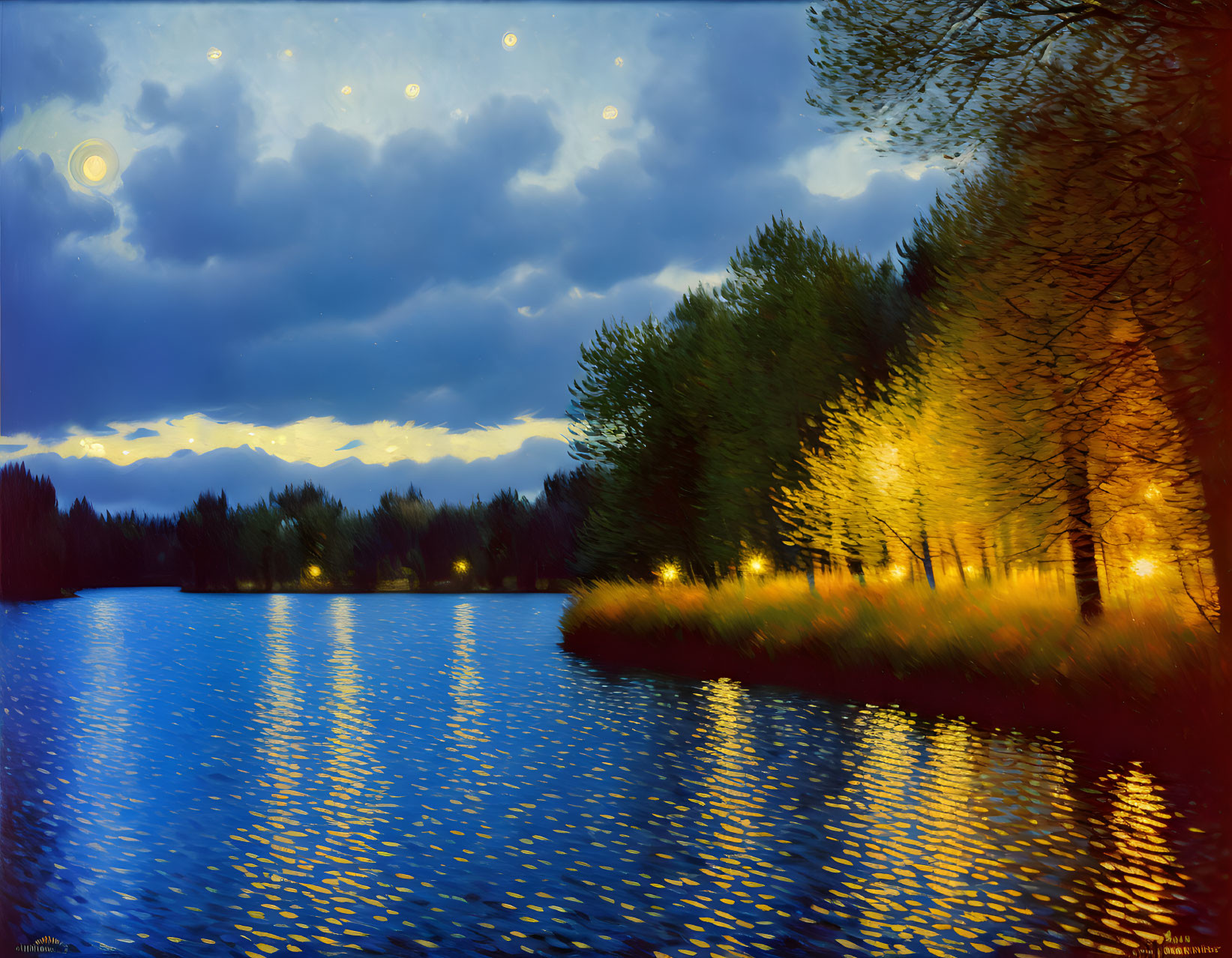 Tranquil twilight lake with crescent moon and stars, silhouetted trees