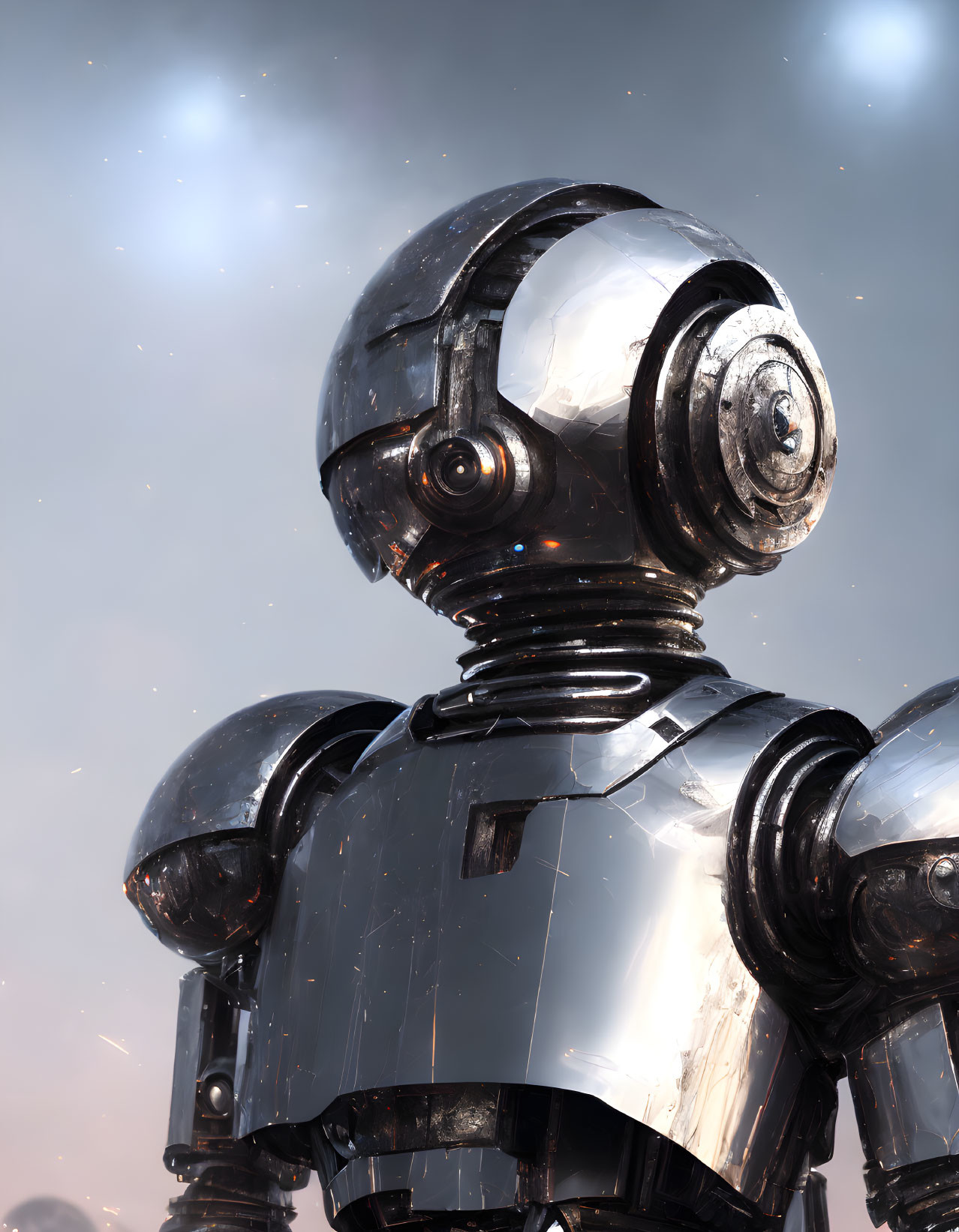 Detailed Close-Up of Glossy Black and Silver Robot on Soft-Focused Background