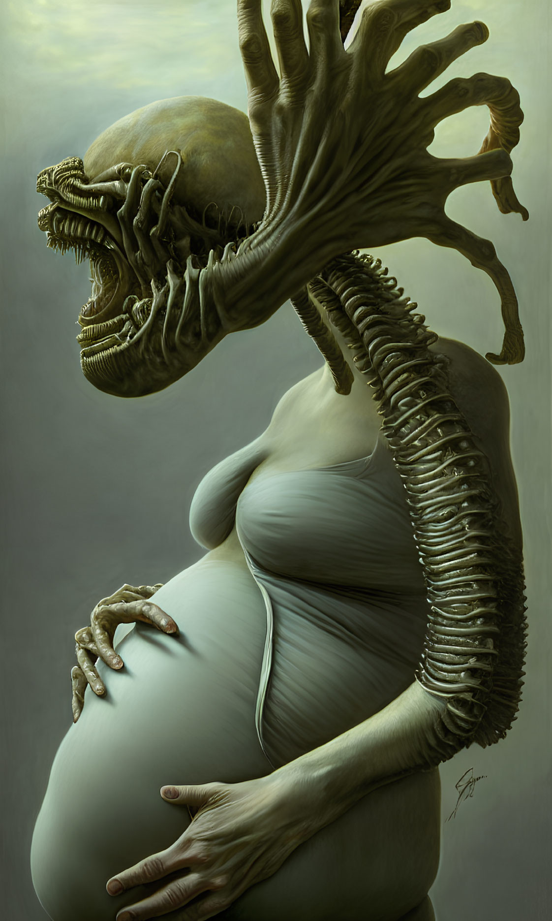 Pregnant woman's body with alien creature's head fusion in surreal art