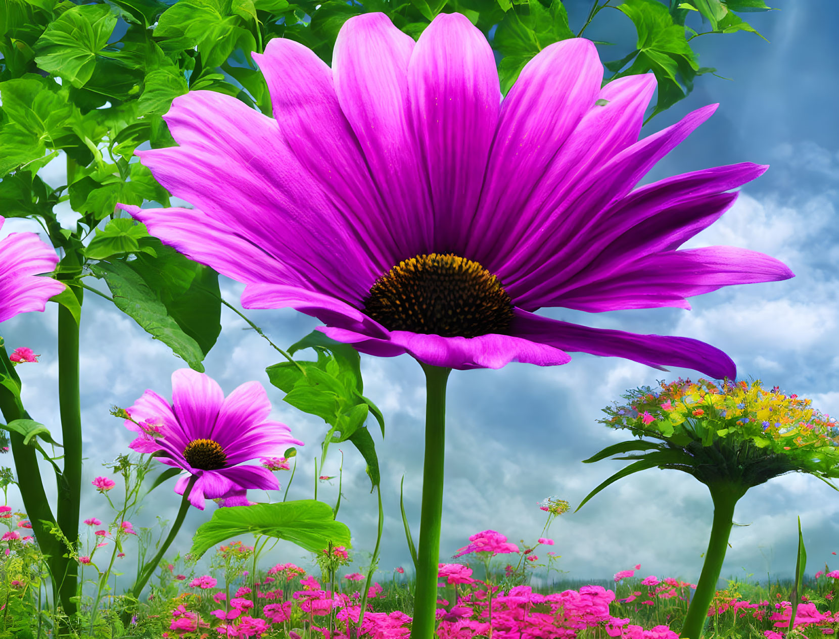 Colorful pink flower surrounded by greenery under a blue sky