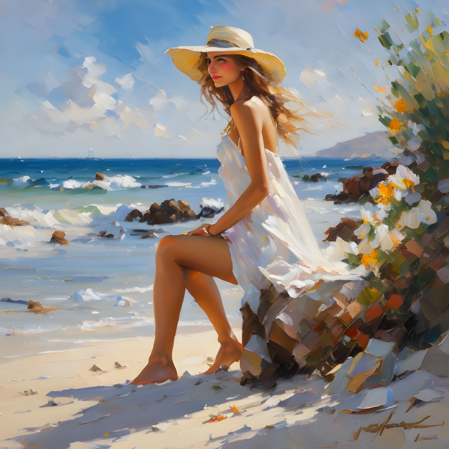 Woman in white dress and sunhat by the sea with flowers in soft focus