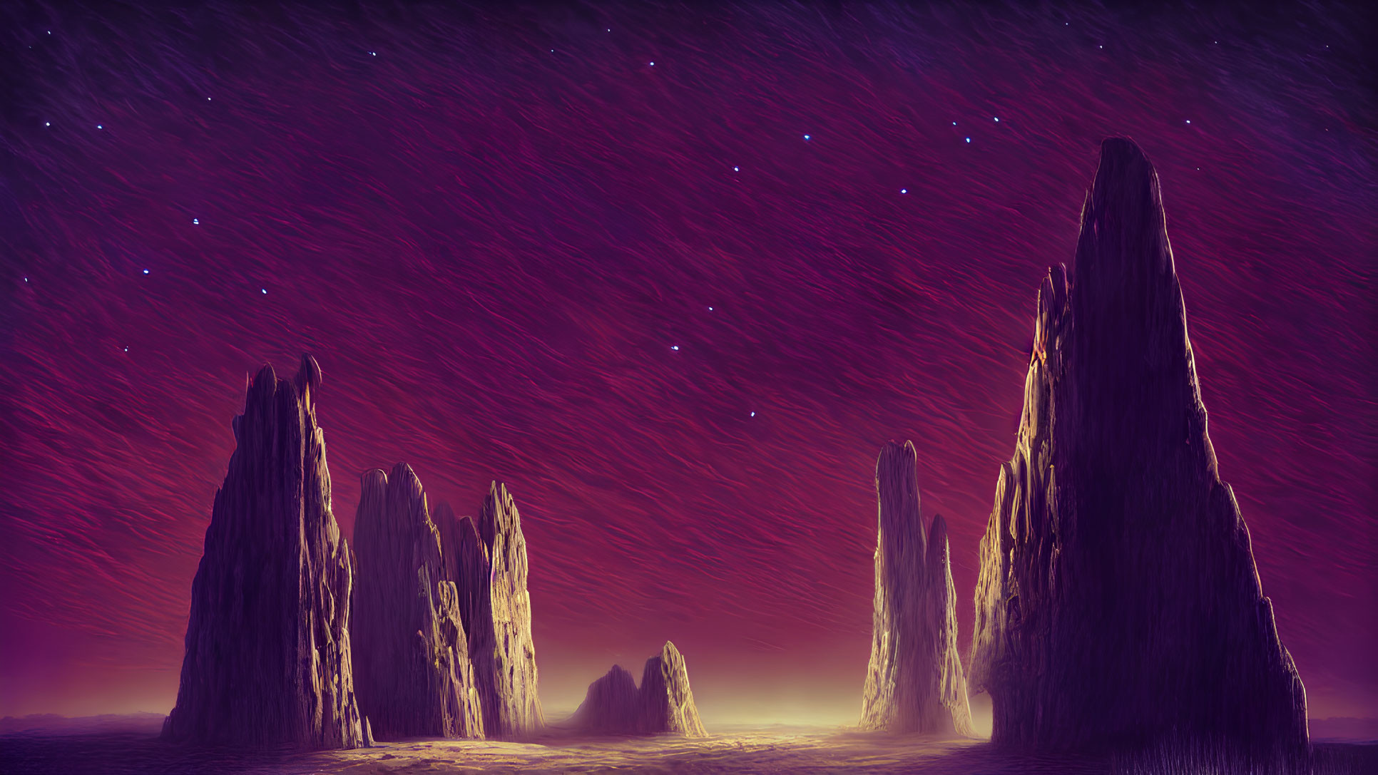 Mystical landscape with towering rock formations under starry night sky