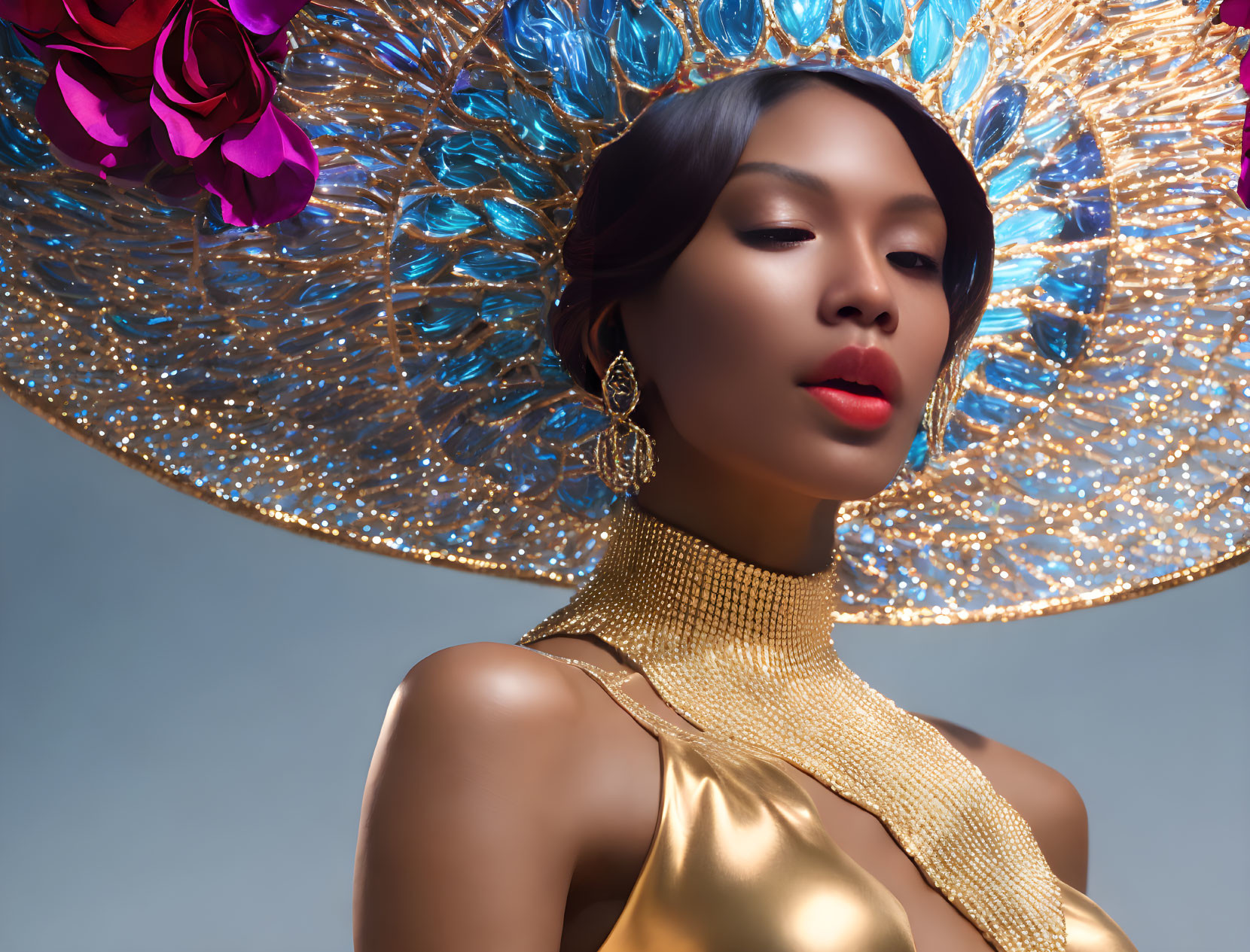 Woman in Red Lipstick and Golden Attire with Ornate Hat on Blue Background