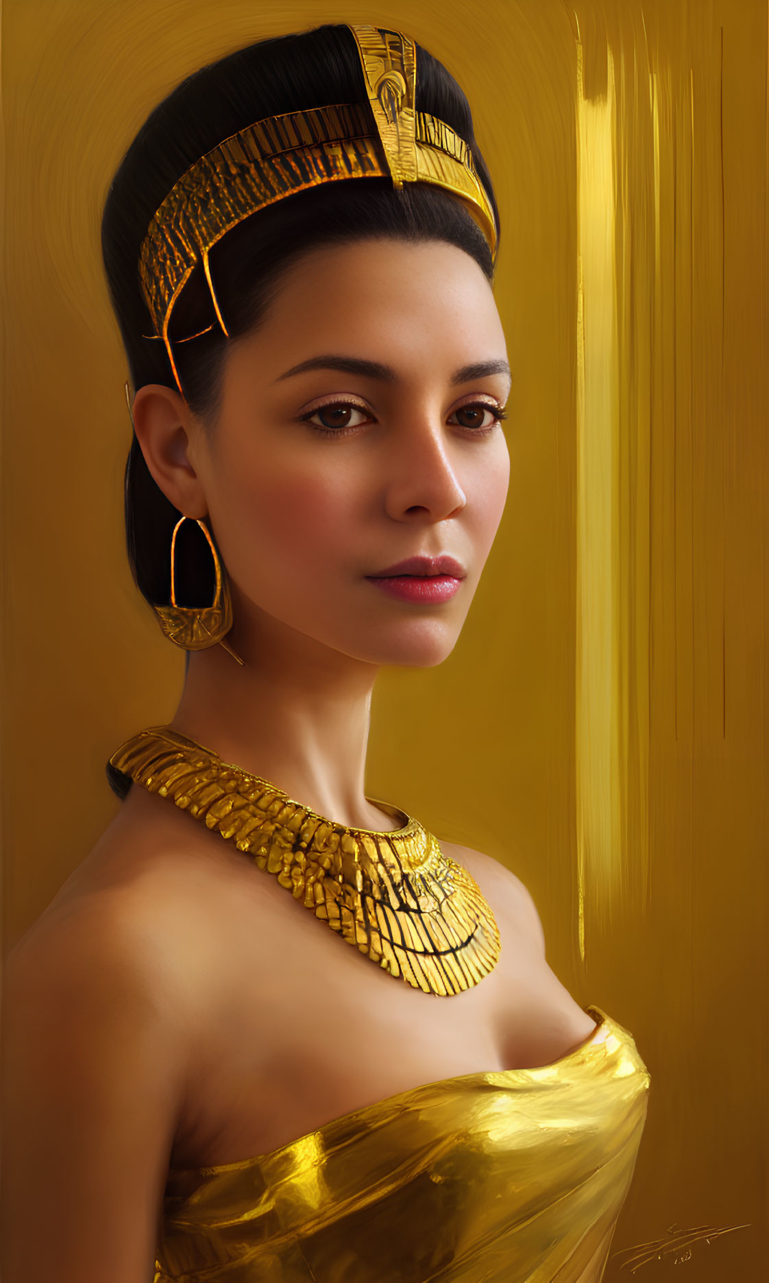 Ancient Egyptian-style gold jewelry on woman against golden backdrop