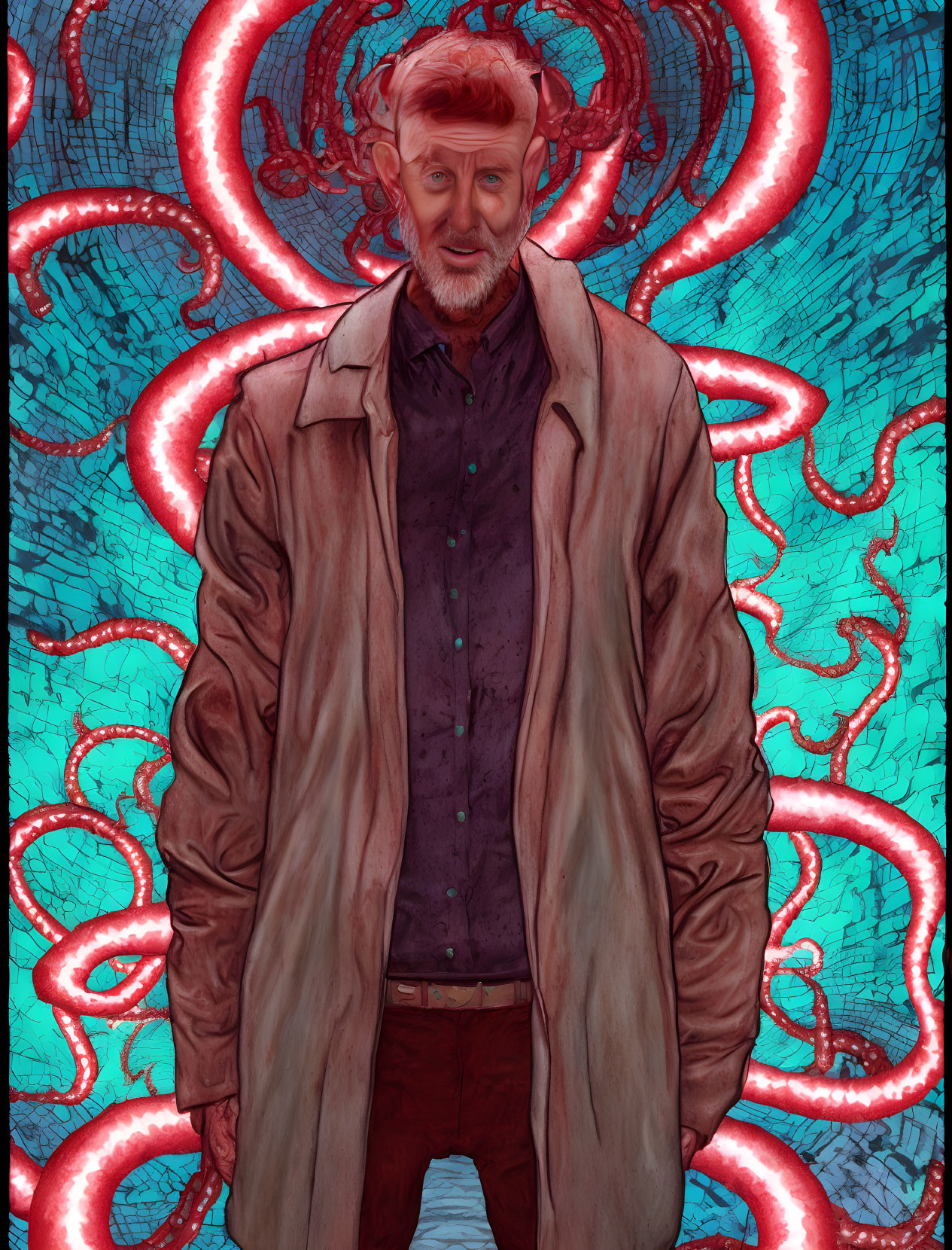 Bearded man in coat and purple shirt with surreal tentacle backdrop