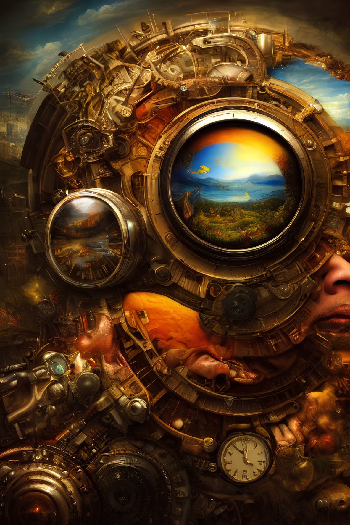 Surreal artwork: Circular window, tranquil sea, sunset, mechanical parts, human elements, clock