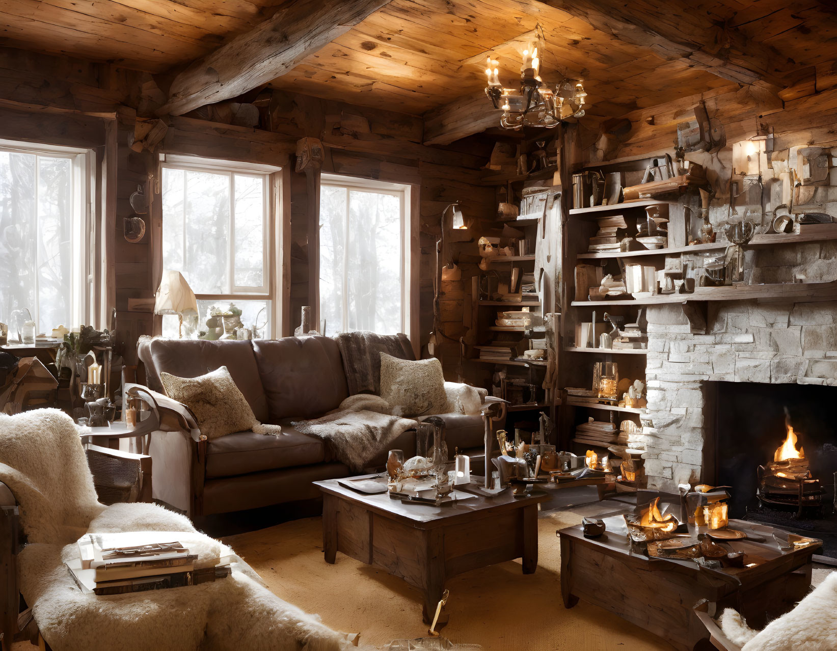 Rustic log cabin interior with fireplace, plush sofas, wooden furniture, chandelier